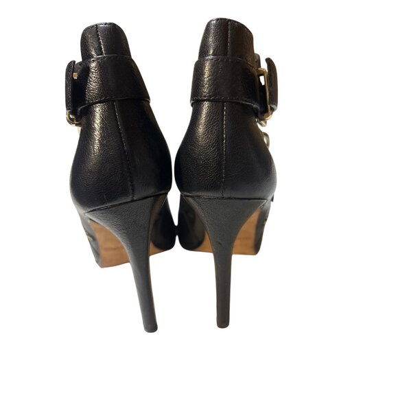 Marciano Womens Black Leather Peep-Toe High-Heel Ankle Booties With Gold Buckle - Picture 5 of 8